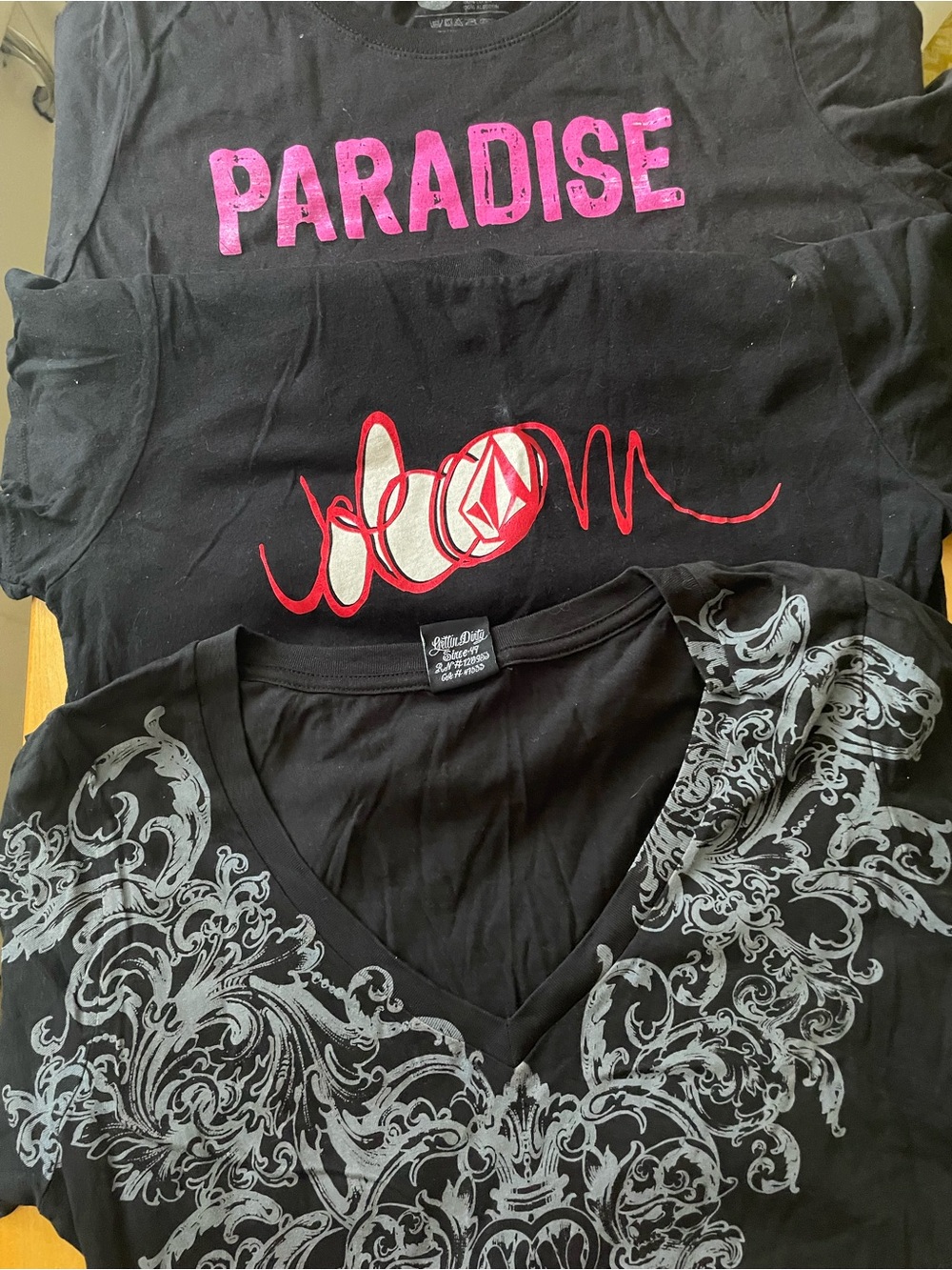 Y2K Bundle of 3 Black T Shirts Juniors Large. Volcom. Roxy. Metal Melusha. New!!